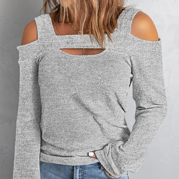 Grey Cold Shoulder Hollow-out Bust Knit Top - Picture 1 of 3